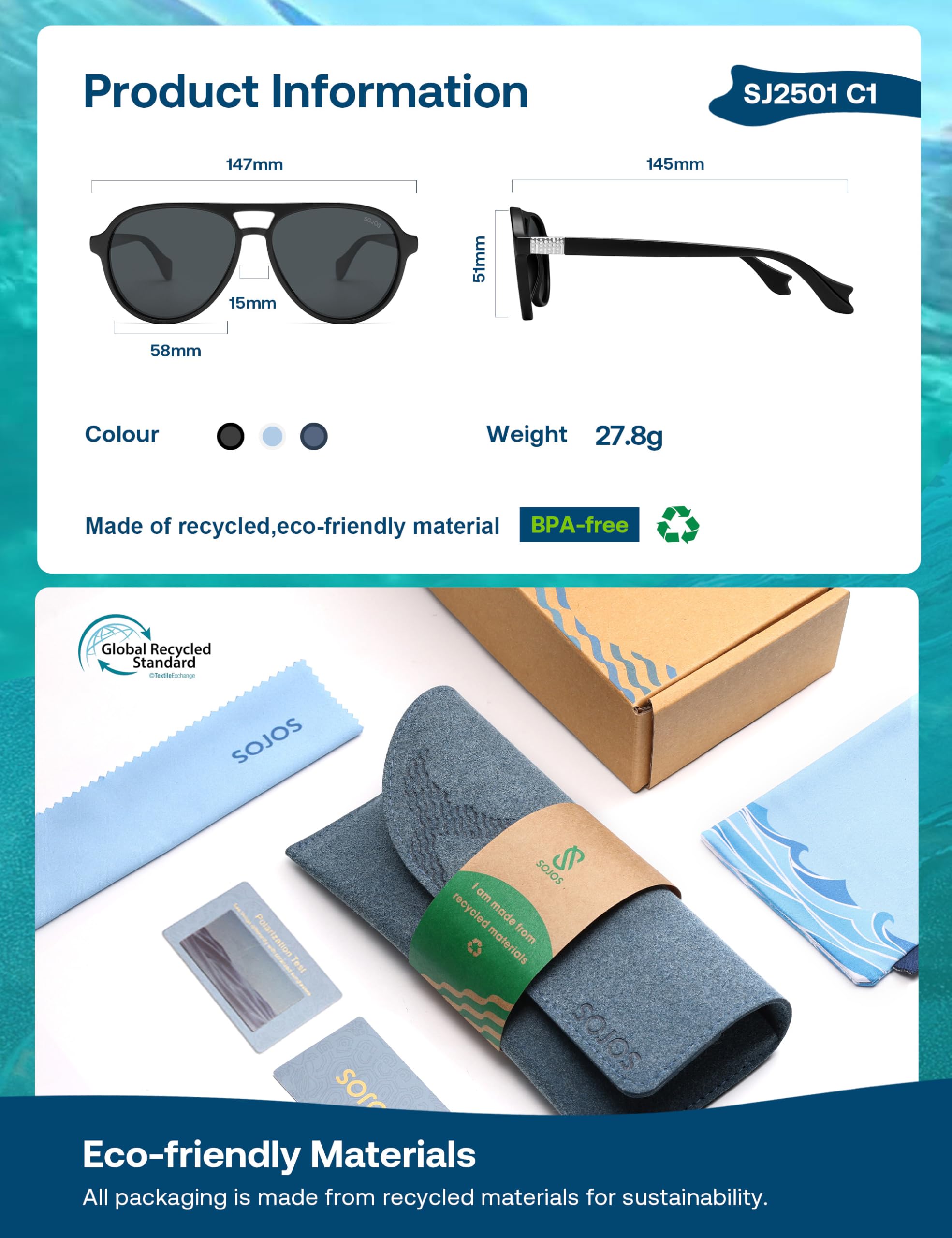 SOJOS Ocean Collection Polarized Retro Oversized Aviator Sunglasses Women Men Recycled Plastic Eco-Friendly, Constellation - Image 4