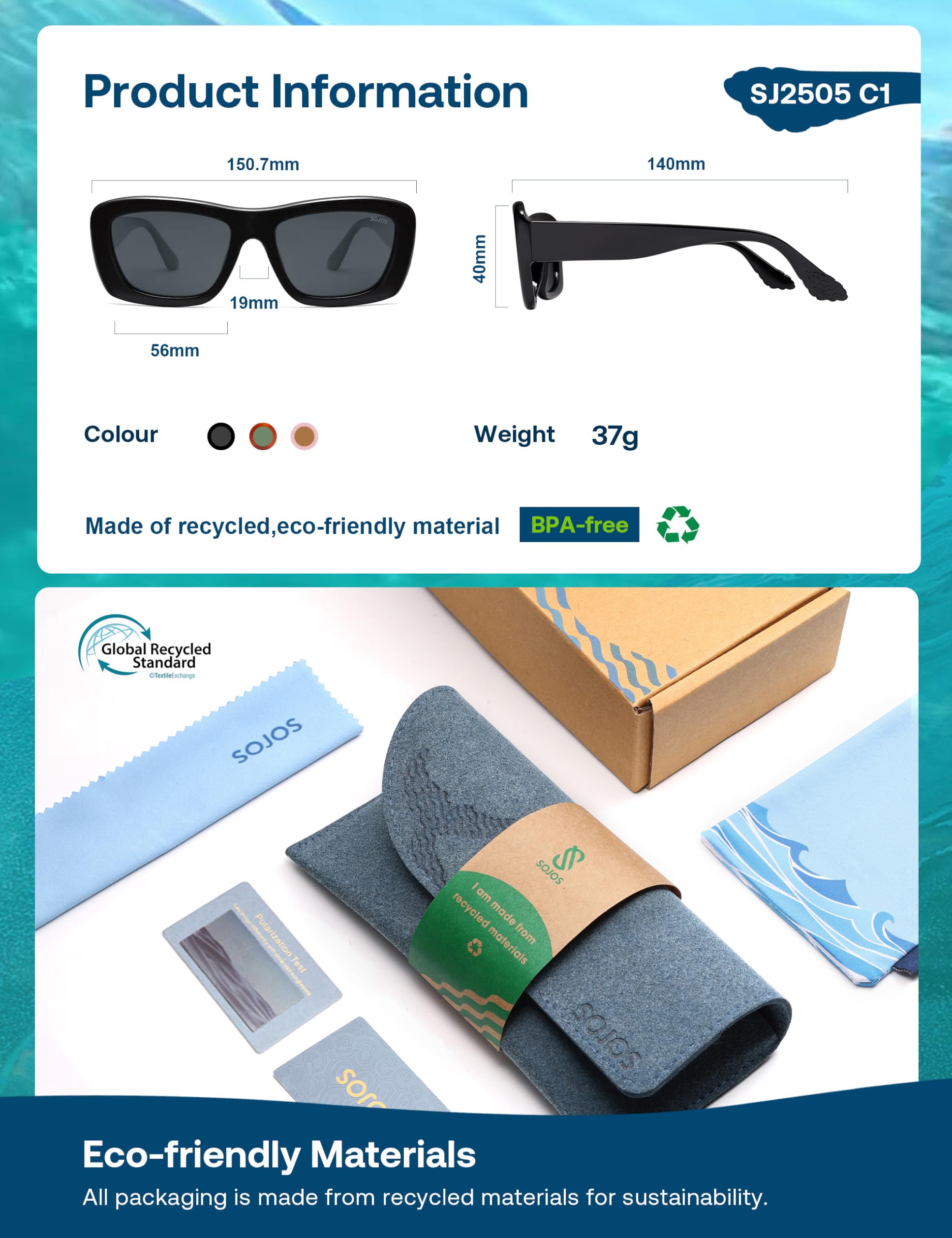 SOJOS Ocean Collection Sunglasses Womens Trendy Polarized Square,Eco-Friendly Recycled Sun Glasses,Rectangle Shades,Moonbeam - Image 5